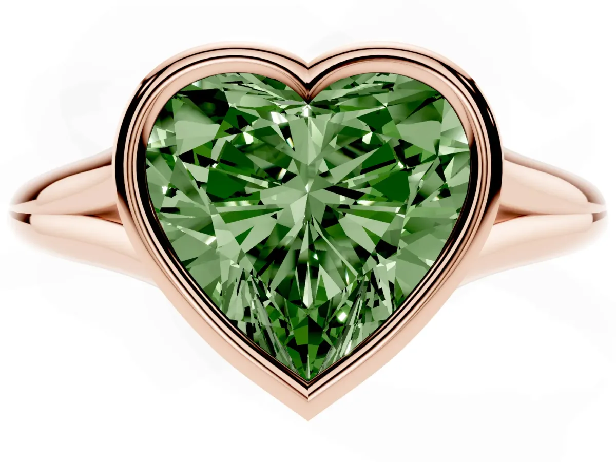 Fancy Green Bezel Set Heart Cut Cut Solitaire Ring with Tapered Band Rose gold