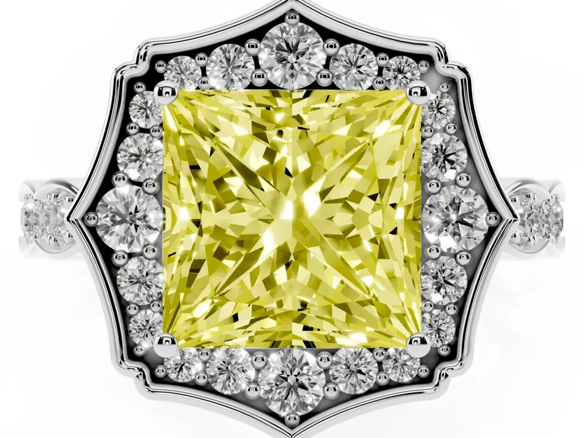 Fancy Yellow Princess Cut Halo Diamond Engagement Ring with Milgrain Band and Four-Prong Setting Platinum