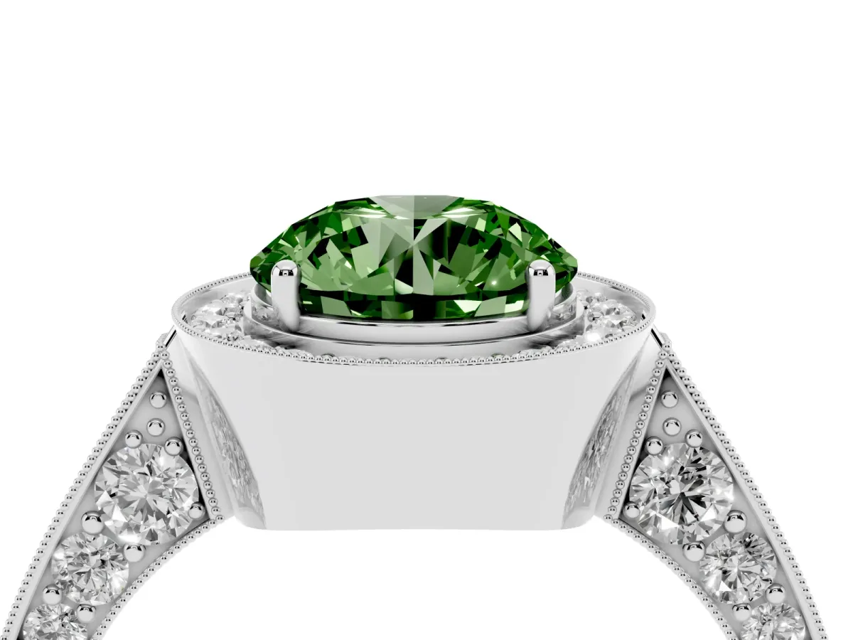 Fancy Green Round Cut Halo Diamond Engagement Ring with Split Shank Band and Four-Prong Setting Silver