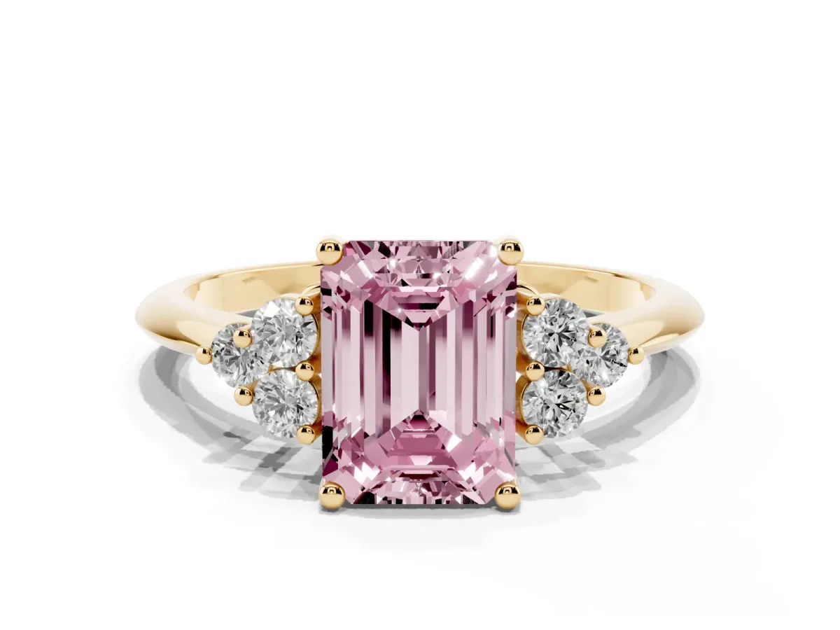 Fancy Pink Emerald Cut Cut Diamond Cluster Ring with Solitaire Band and Four-Prong Setting Yellow gold