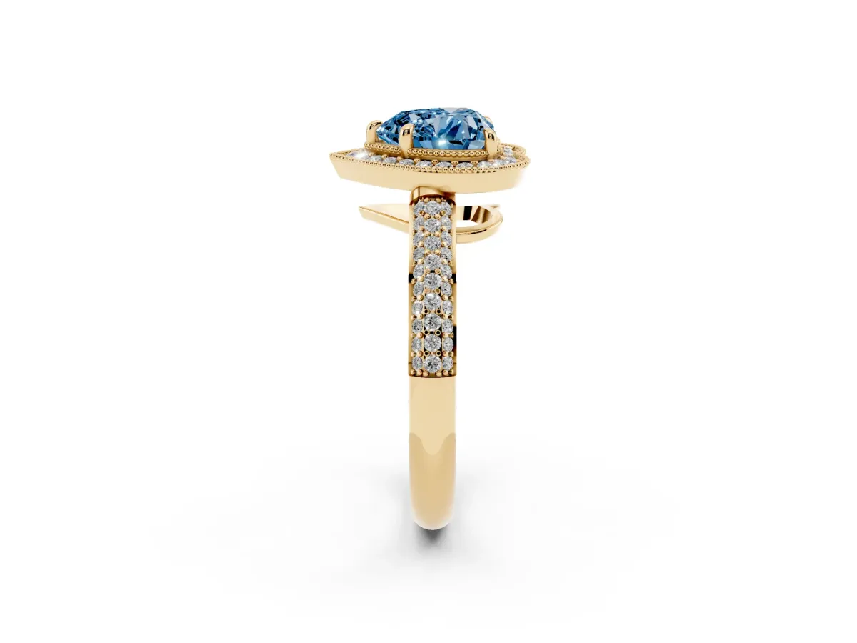 Fancy Blue Heart Cut Cut Halo Diamond Pave Band with Four-Prong Setting Yellow gold