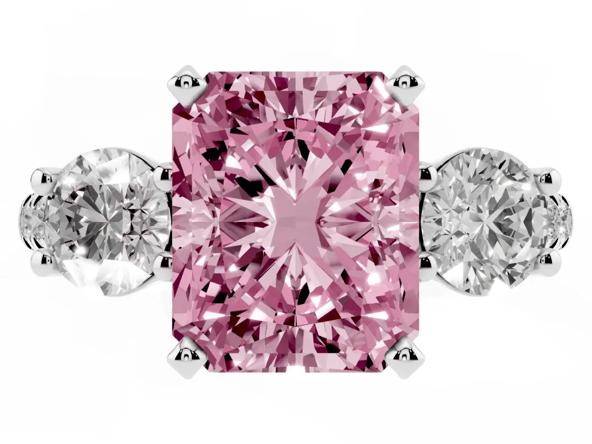 Fancy Pink Three-Stone Radiant Cut Diamond Pavé Band with Four-Prong Setting Silver