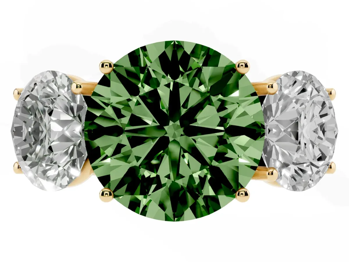 Fancy Green Three-Stone Round Cut Diamond Braided Band Ring with Four-Prong Setting Yellow gold
