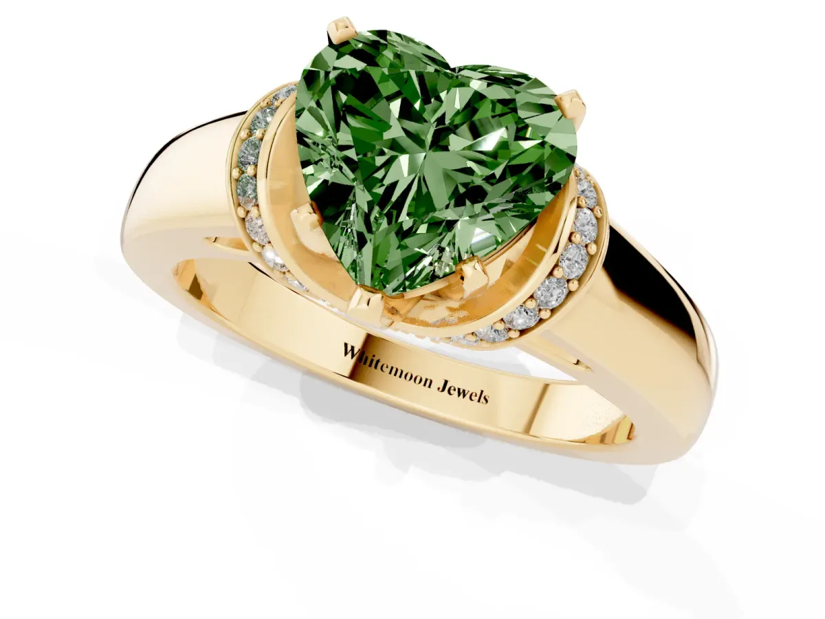 Fancy Green Heart Cut Solitaire Diamond Ring with Pave Band and Six-Prong Setting Yellow gold