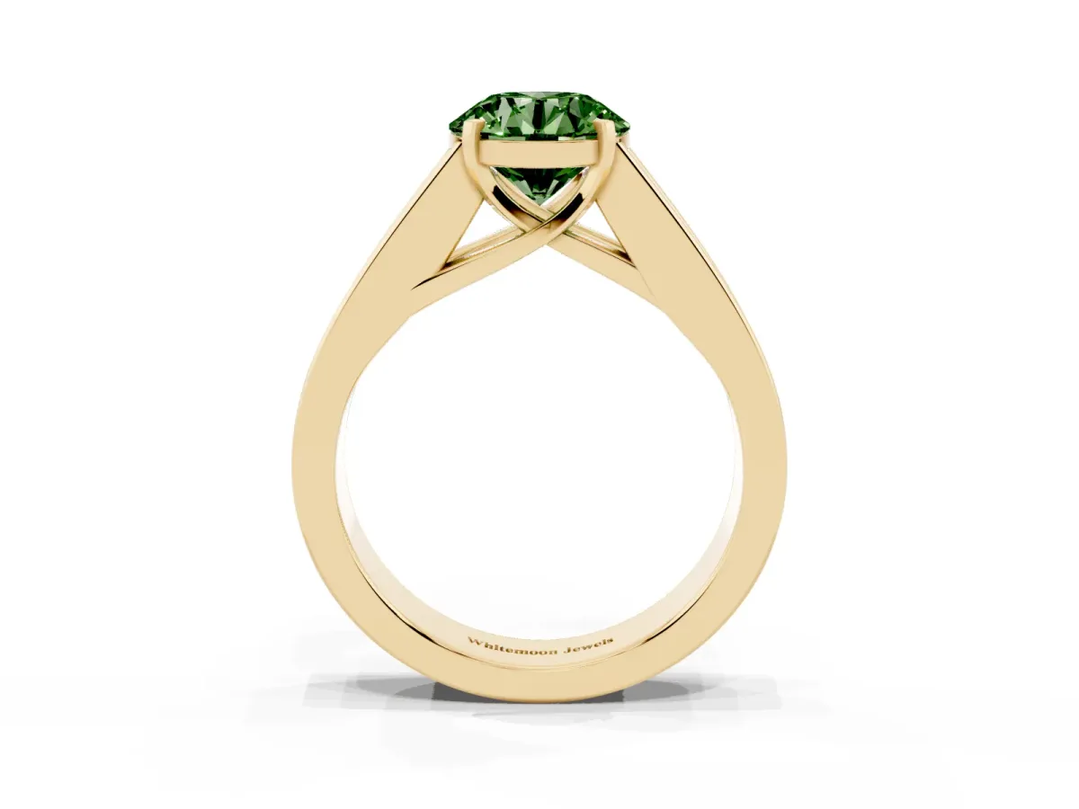 Fancy Green Round Cut Cut Channel Set Solitaire Ring with Four-Prong Setting Yellow gold