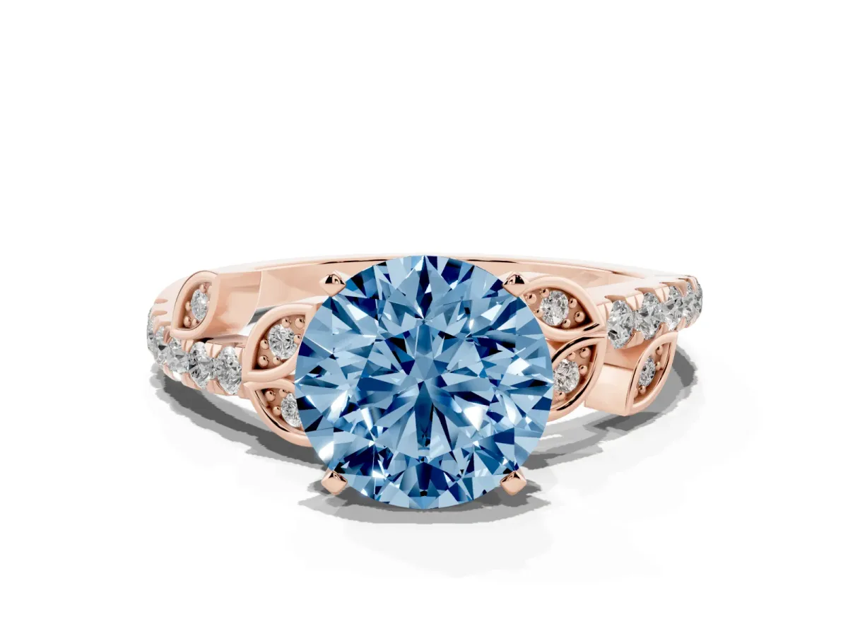 Fancy Blue Round Cut Solitaire Leaf-Inspired Diamond Ring with Pavé Band and Four-Prong Setting Rose gold