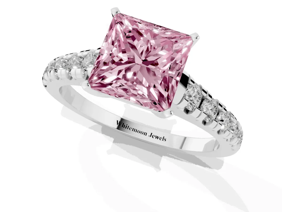 Fancy Pink Princess Cut Diamond Cathedral Solitaire Ring with Round Pavé Band Silver