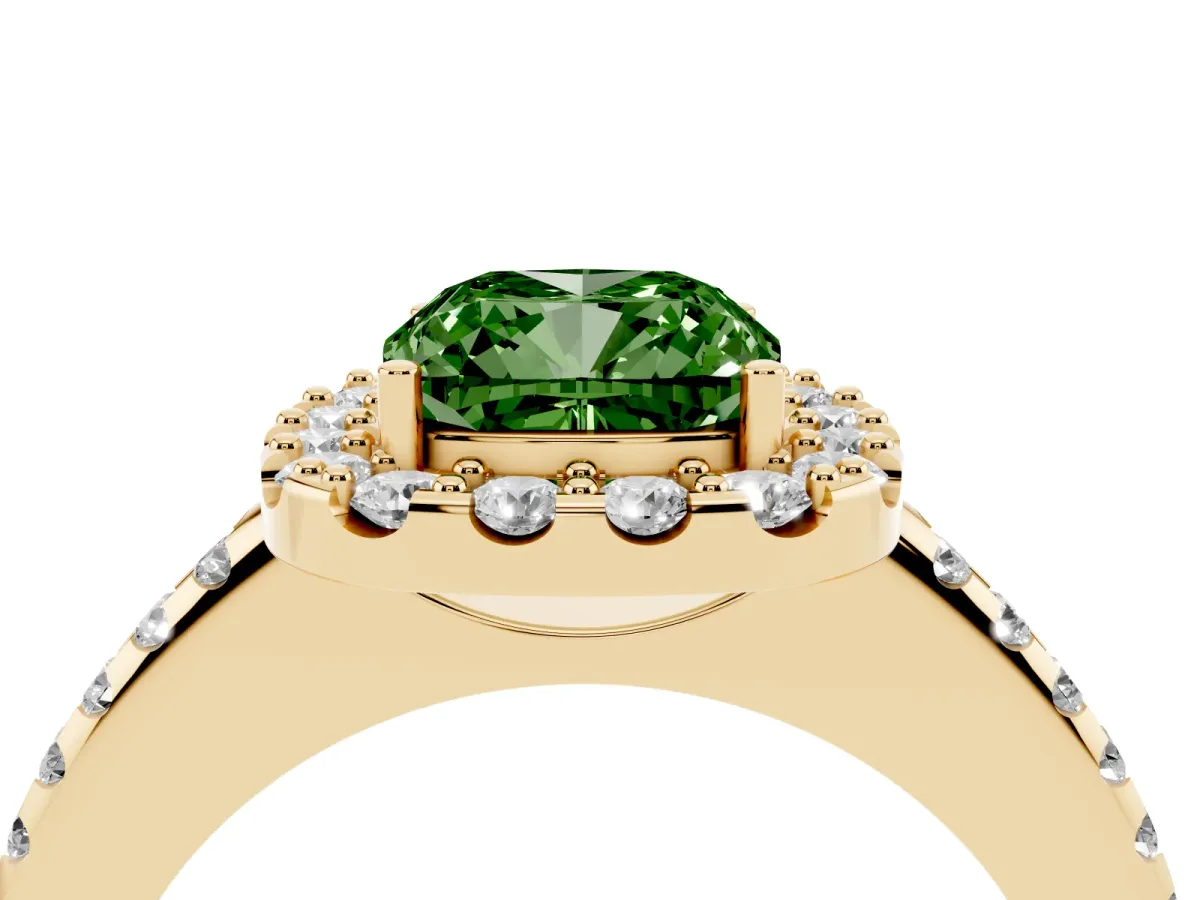 Fancy Green Cushion Cut Diamond Pavé Halo Ring with Four-Prong Setting Yellow gold