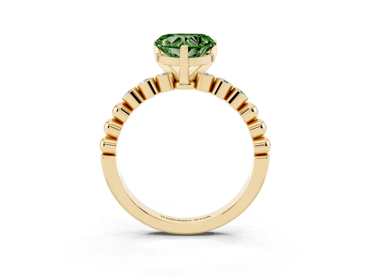 Fancy Green Heart Cut Solitaire Bezel Accent Diamond Engagement Ring with Beaded Band and Four-Prong Setting Yellow gold