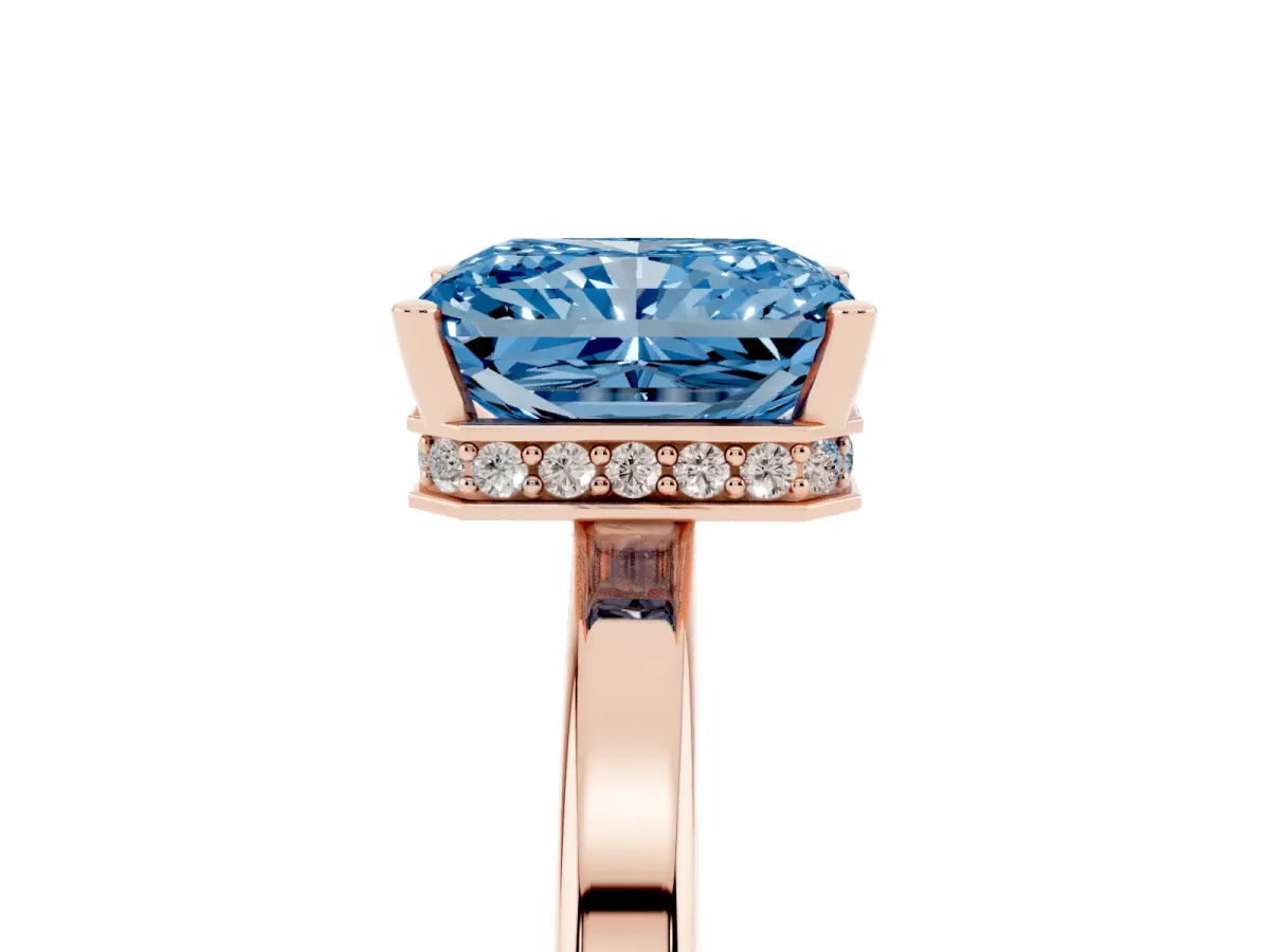 Fancy Blue Radiant Cut Cut Solitaire Engagement Ring with Four-Prong Setting on a Classic Band Rose gold