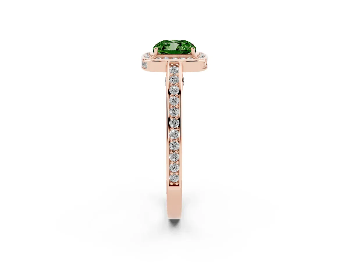 Fancy Green Cushion Cut Cut Halo Pave Split Shank Prong Setting Ring Rose gold