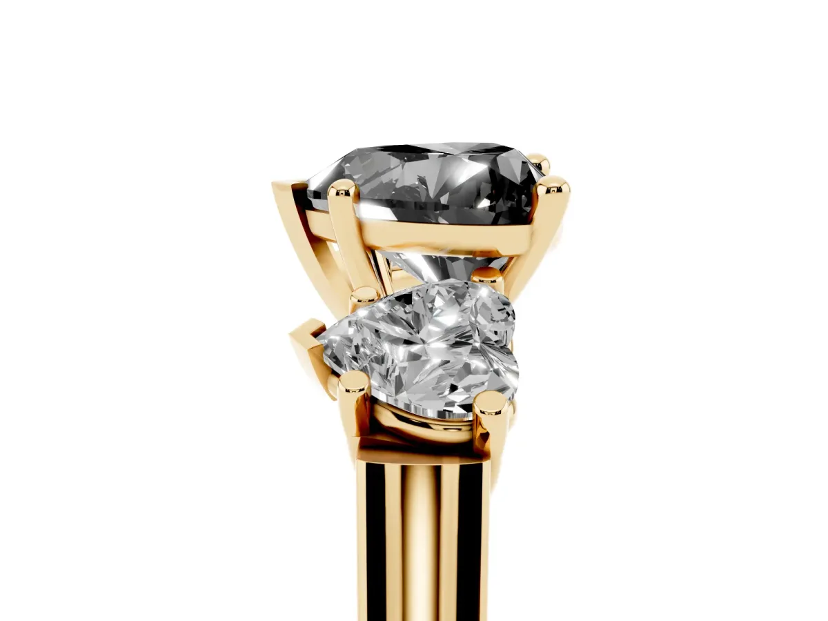 Fancy Black Three-Stone Heart Cut Brilliant Diamond Trellis Ring with Comfort Fit Band Yellow gold