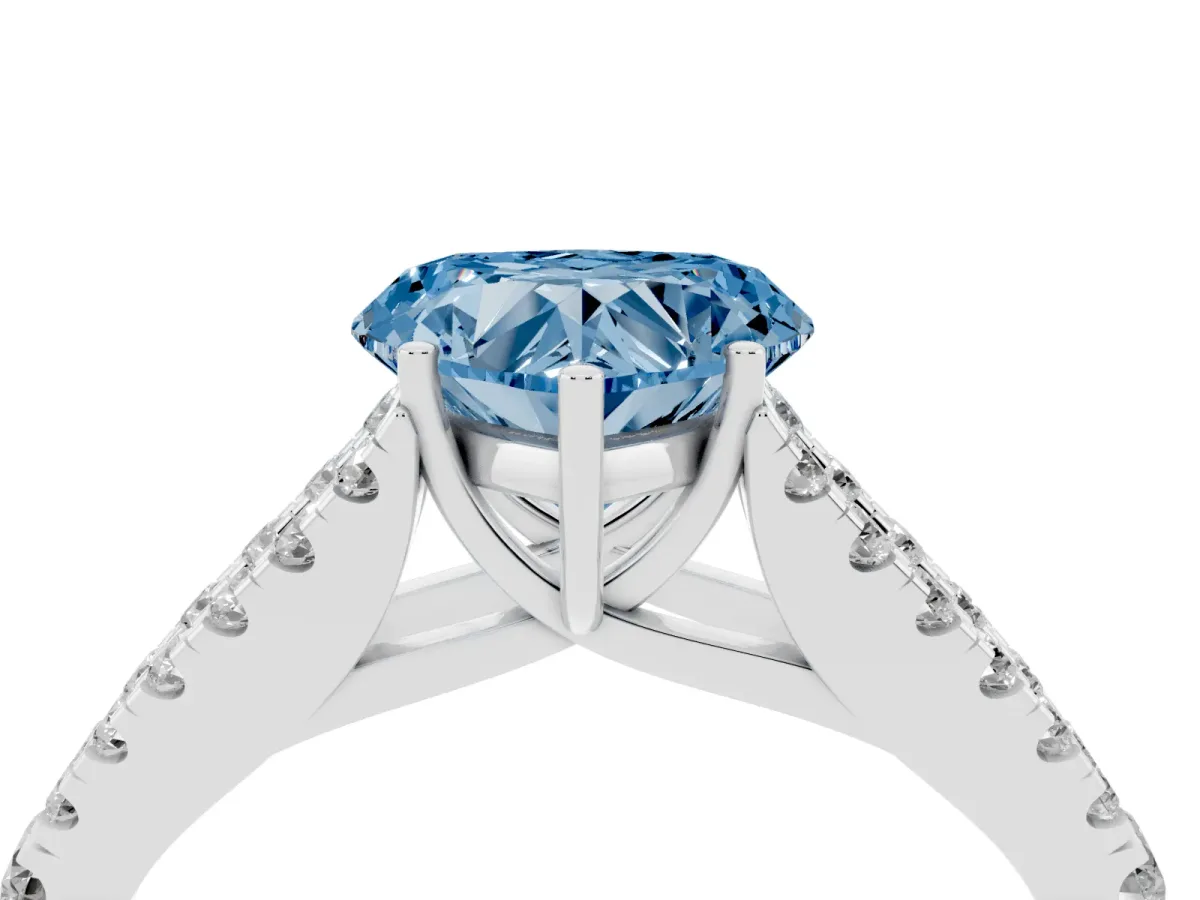 Fancy Blue Heart Cut Diamond Split Shank Pavé Engagement Ring with Four-Prong Setting White gold