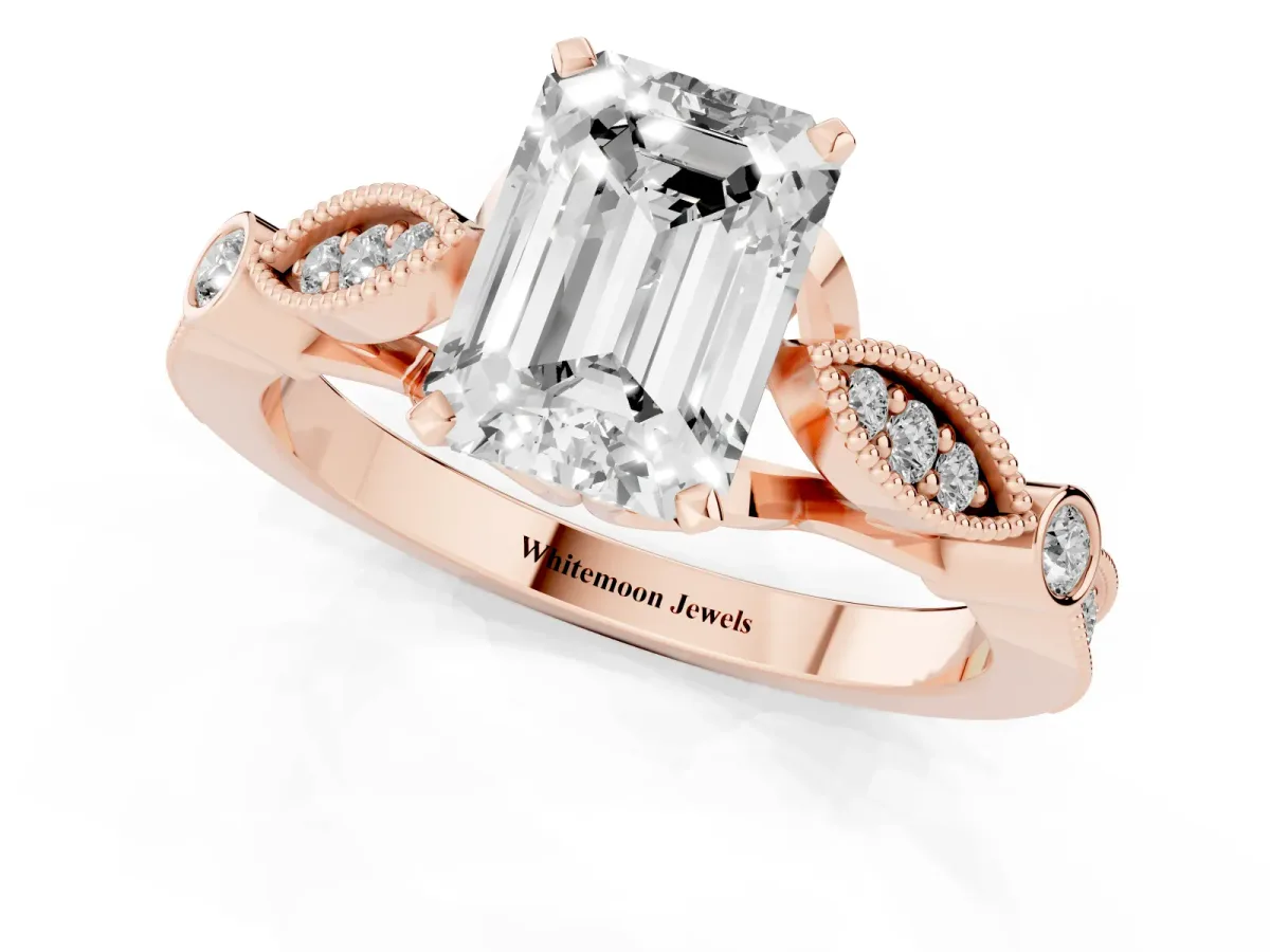 Emerald Cut Cut Diamond with Milgrain Marquise and Bezel Accents on a Solitaire Band with Prong Setting Rose gold