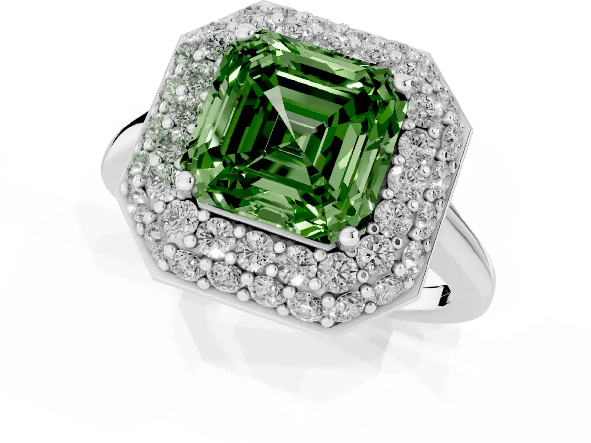 Fancy Green Asscher Cut Halo Diamond Engagement Ring with Solitaire Band and Four-Prong Setting Silver