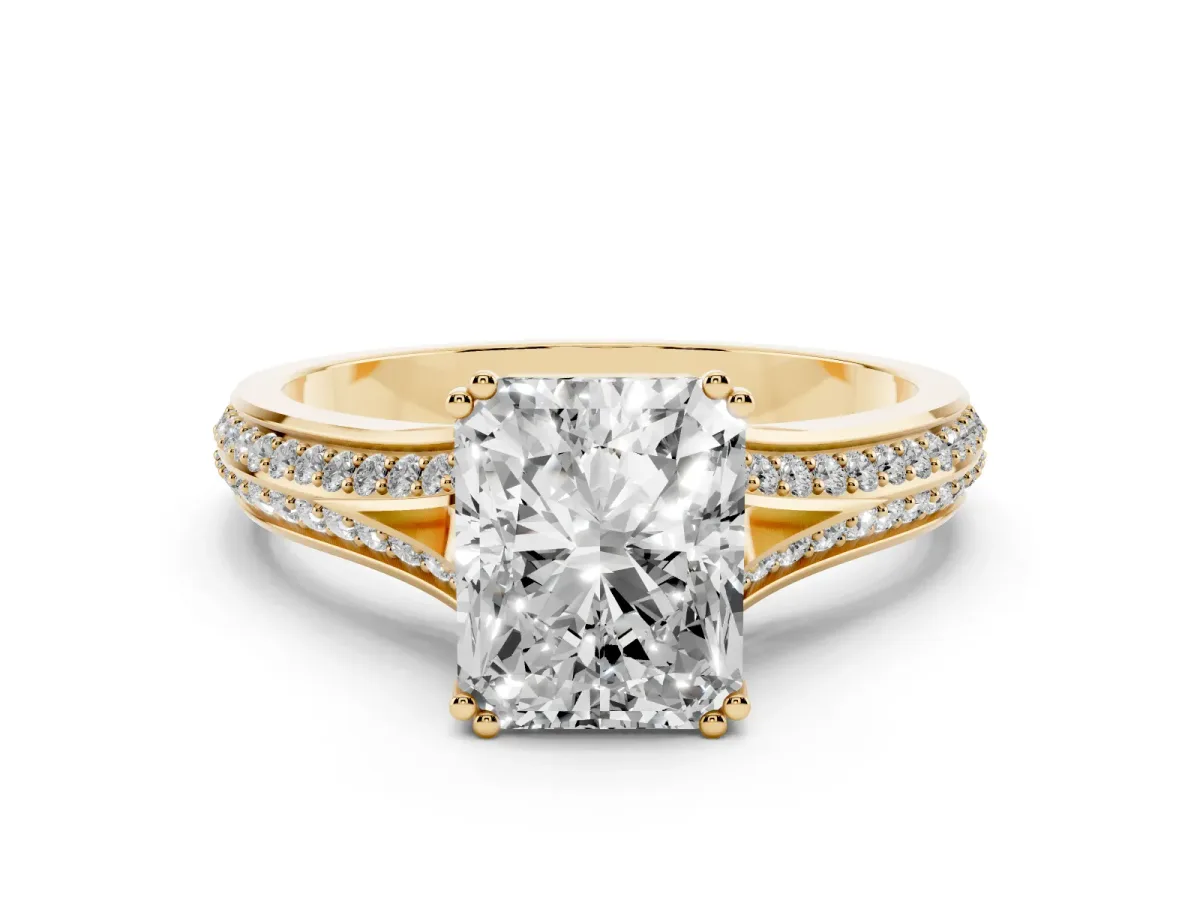 Radiant Cut Diamond Split Shank Engagement Ring with Pavé Band Yellow gold