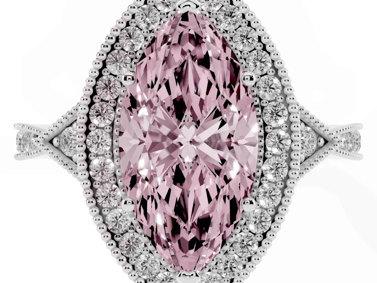 Fancy Pink Marquise Cut Halo Round Diamond Milgrain Pave Engagement Ring White gold