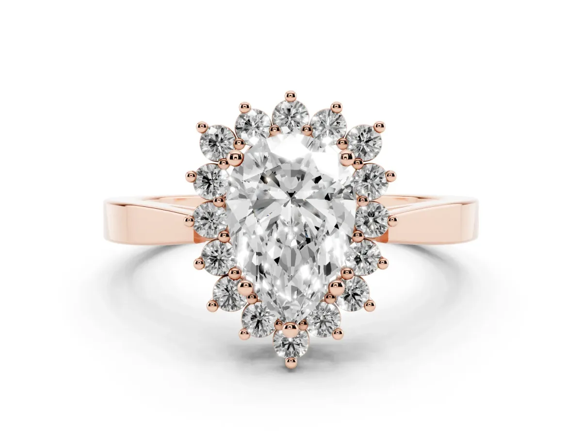 Pear Cut Cut Diamond Halo Ring with Round Brilliant Halo and Solitaire Band Rose gold