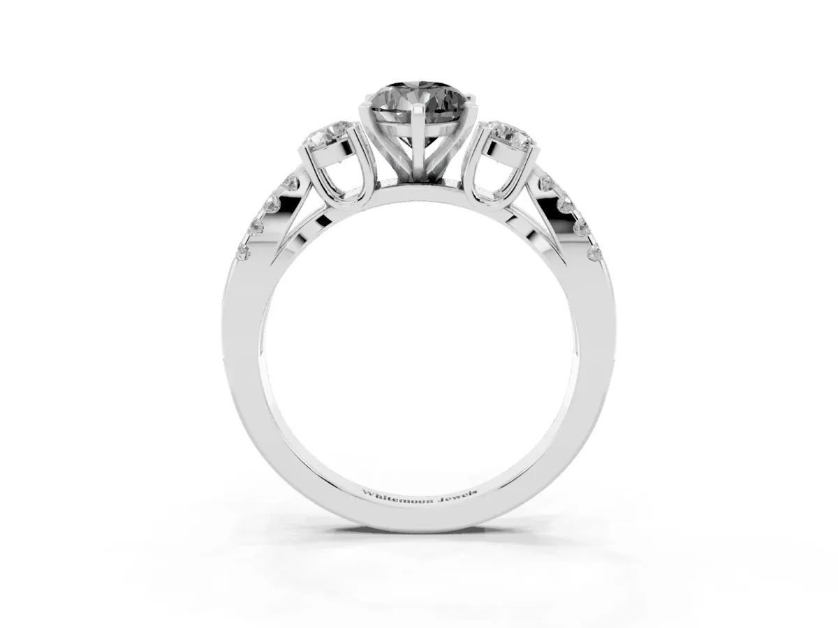 Fancy Black Pear Cut Diamond Three-Stone Ring with Pavé Split Shank and Four-Prong Setting Silver