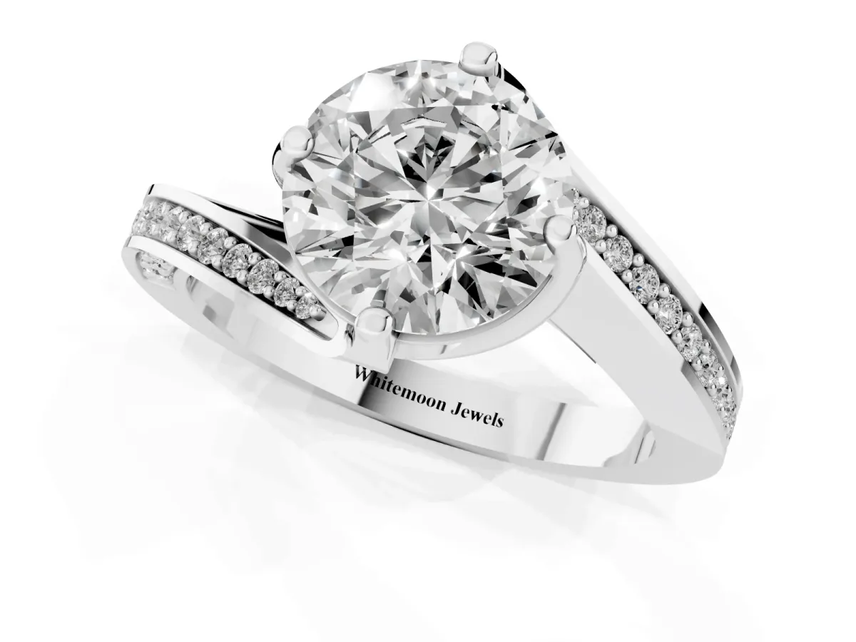 Round Cut Solitaire Diamond Twist Band with Pavé Setting and Four-Prong Setting Silver