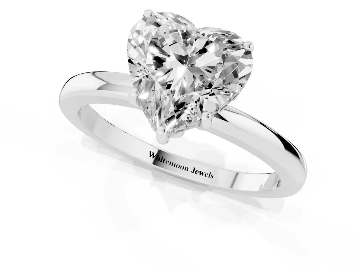 Heart Cut Solitaire Diamond Ring with Prong Setting and Plain Band Silver