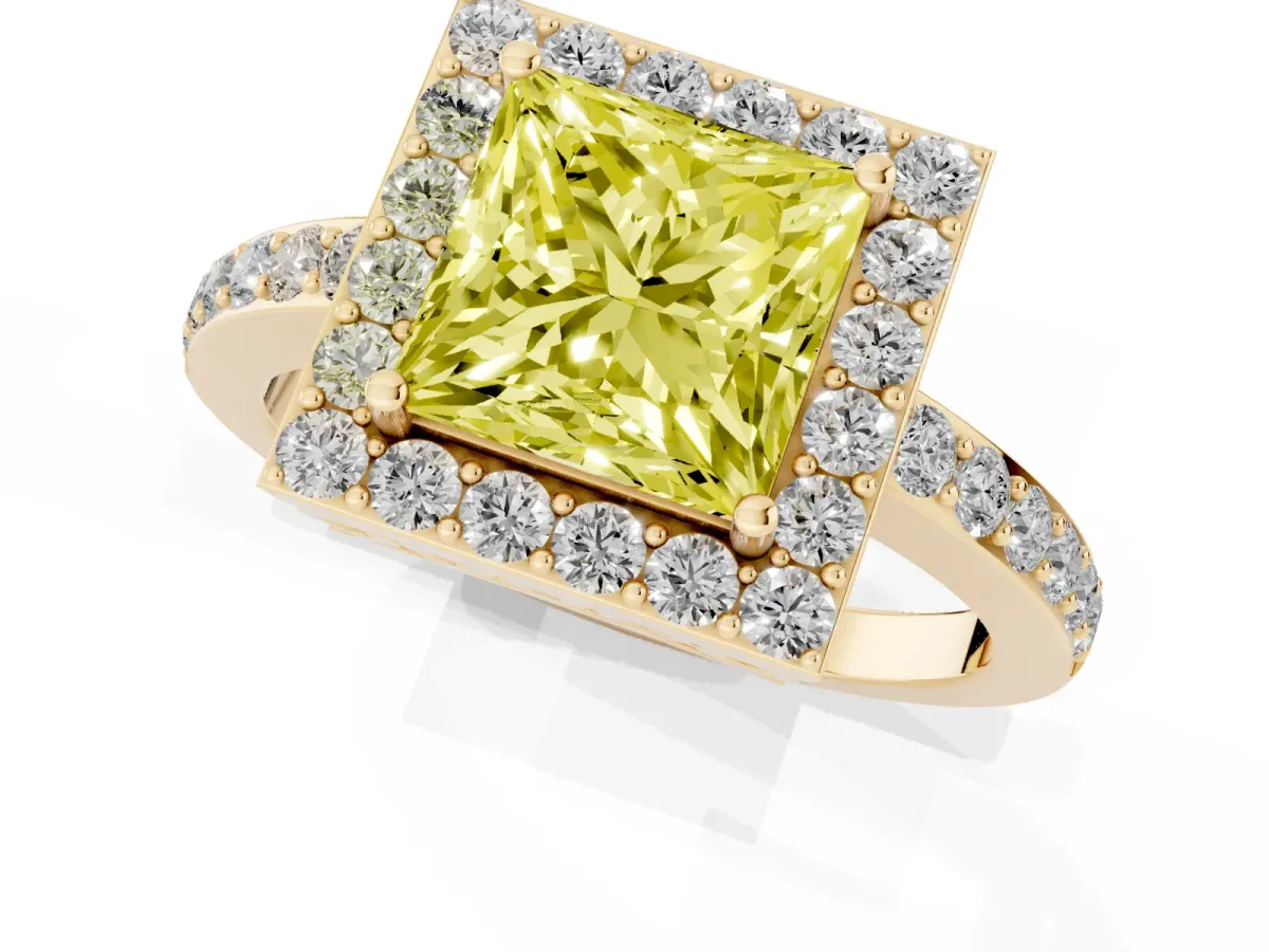 Fancy Yellow Princess Cut Halo Diamond Pavé Band Ring with Prong Setting Yellow gold