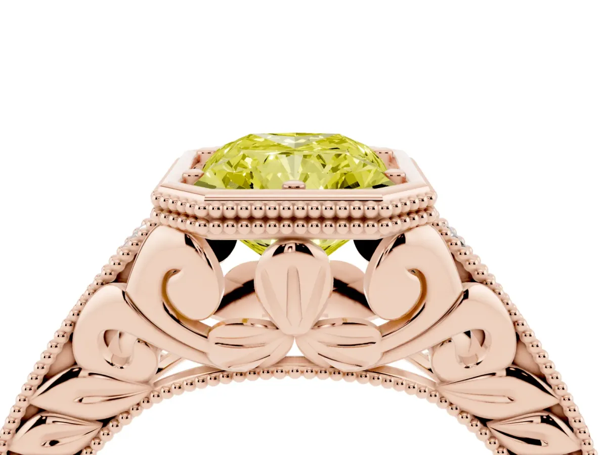 Fancy Yellow Bezel Set Radiant Cut Diamond Milgrain Pave Engagement Ring Rose gold