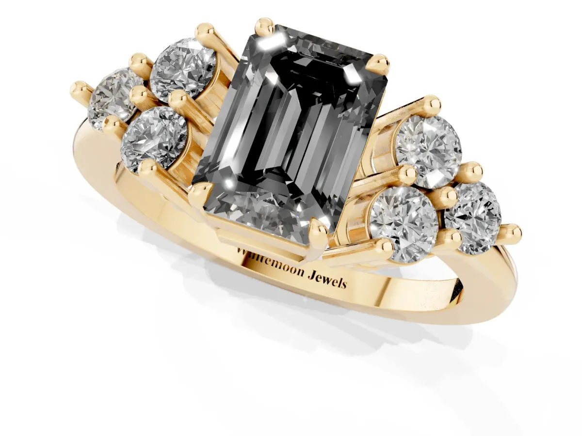 Fancy Black Emerald Cut Brilliant Diamond Cluster Accent Solitaire Ring with Prong Setting Yellow gold