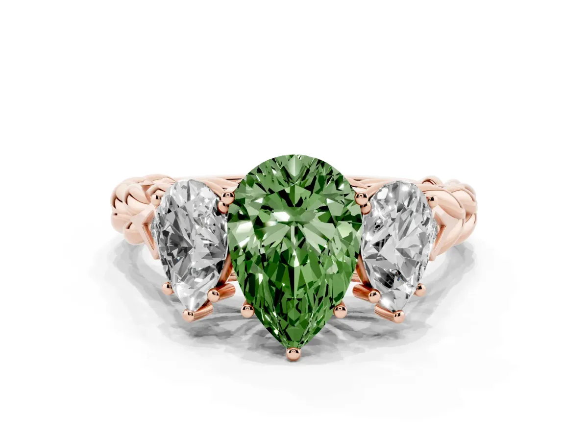 Fancy Green Three-Stone Pear Cut Diamond Braided Band Ring with Four-Prong Setting Rose gold