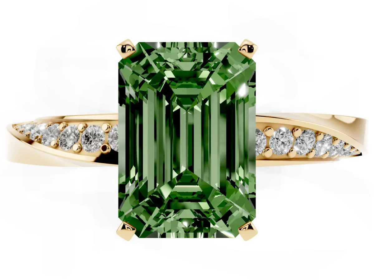 Fancy Green Emerald Cut Diamond Engagement Ring with Side Stone Accents and Four-Prong Setting Yellow gold