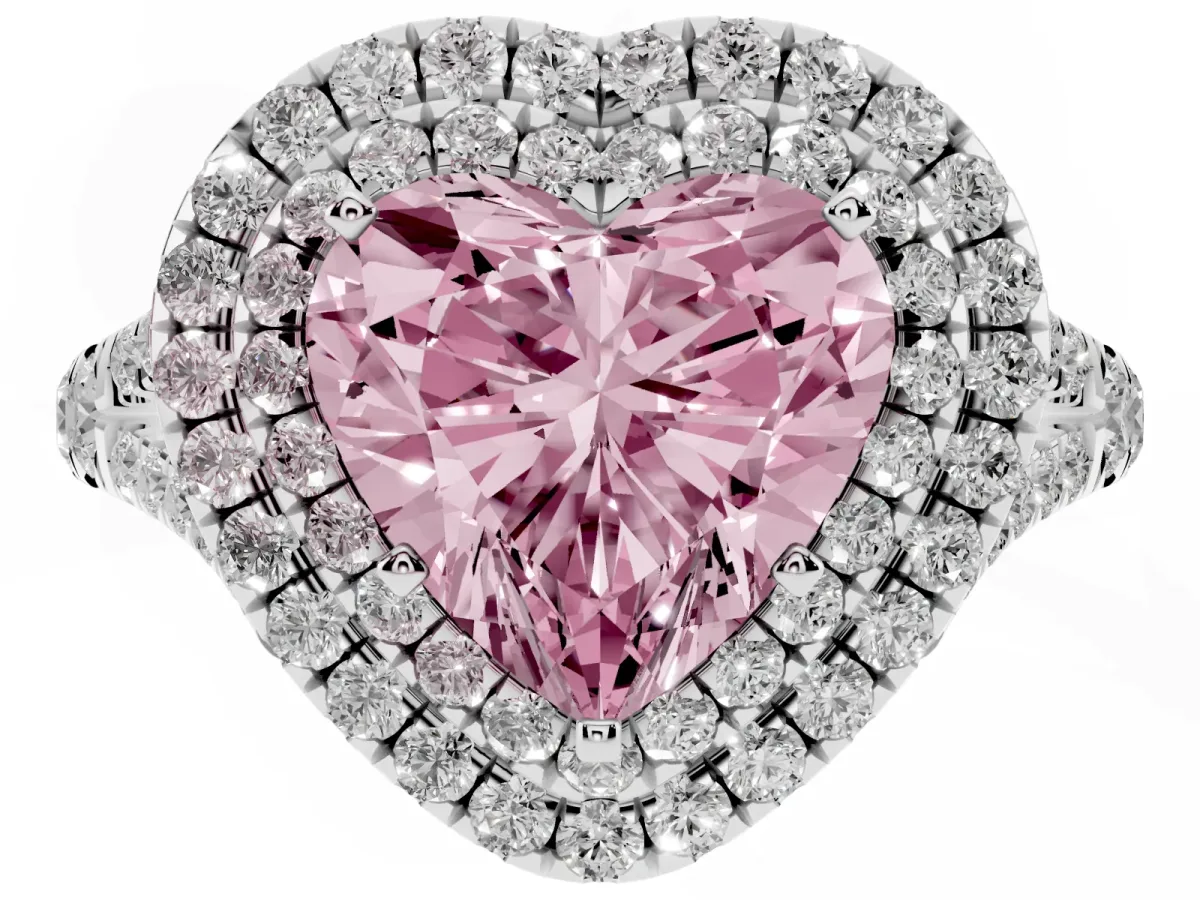 Fancy Pink Heart Cut Cut Double Halo Split Shank Diamond Ring with Prong Setting Platinum