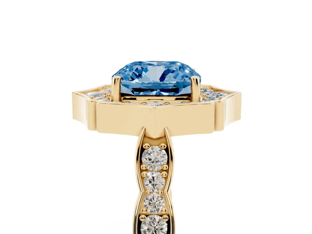 Fancy Blue Cushion Cut Halo Diamond Engagement Ring with Milgrain Band and Four-Prong Setting Yellow gold
