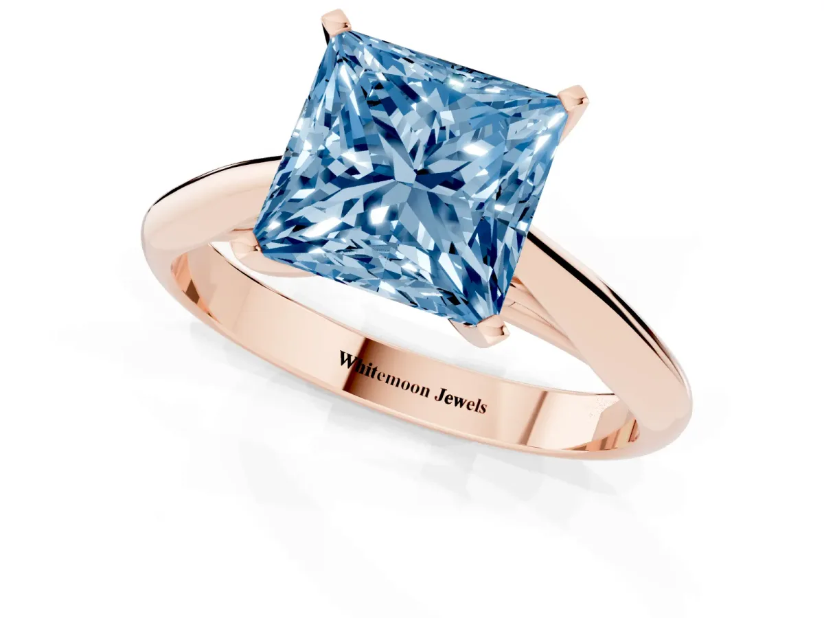 Fancy Blue Princess Cut Diamond Solitaire Engagement Ring with Cathedral Setting and Four-Prong Mount Rose gold