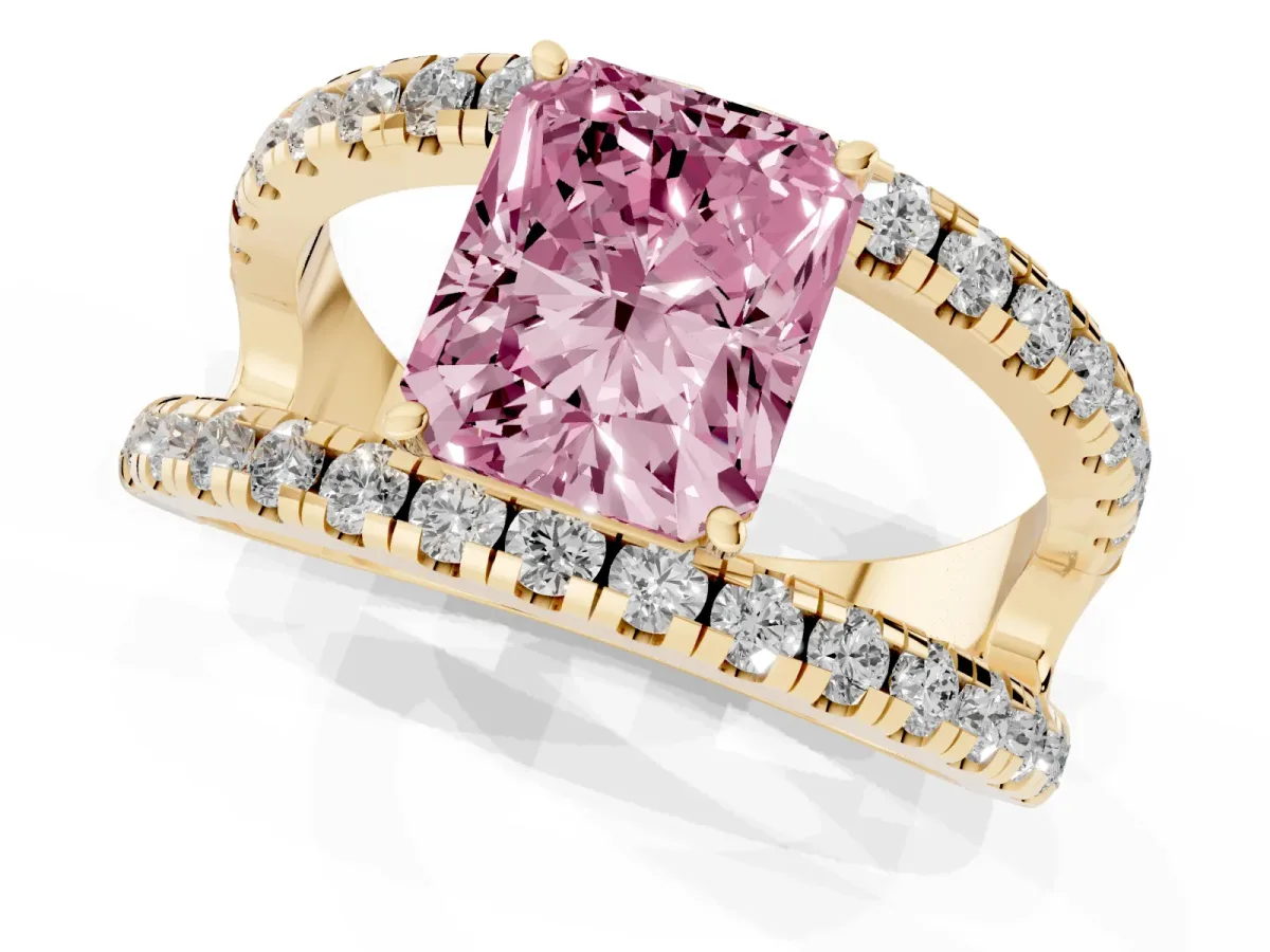 Fancy Pink Radiant Cut Solitaire Split Shank Pave Diamond Ring Yellow gold