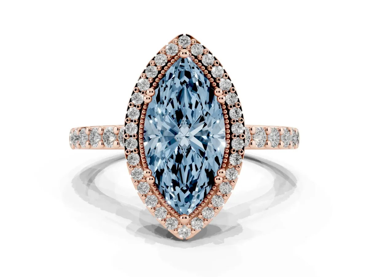 Fancy Blue Marquise Cut Cut Diamond Halo Engagement Ring with Milgrain Detail and Pavé Band Rose gold