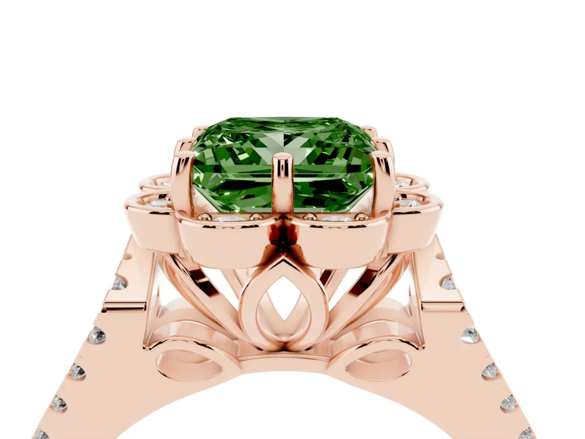 Fancy Green Princess Cut Halo Diamond Floral Split Shank Engagement Ring Rose gold