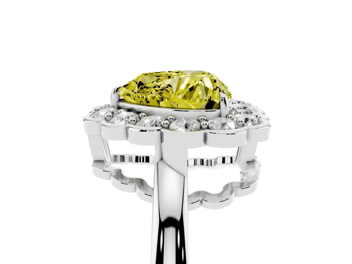 Fancy Yellow Heart Cut Halo Cluster Diamond Engagement Ring with Solitaire Band and Prong Setting Platinum