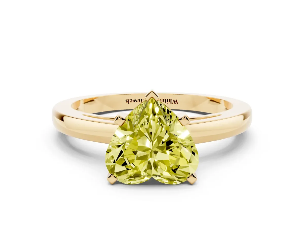 Fancy Yellow Heart Cut Solitaire Diamond Engagement Ring with Four-Prong Setting on a Classic Band Yellow gold