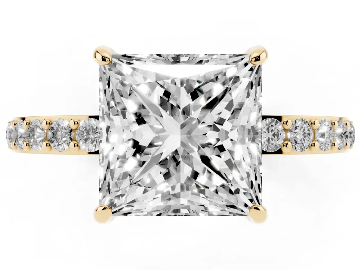 Princess Cut Diamond Solitaire Engagement Ring with Pavé Band and Four-Prong Setting Yellow gold