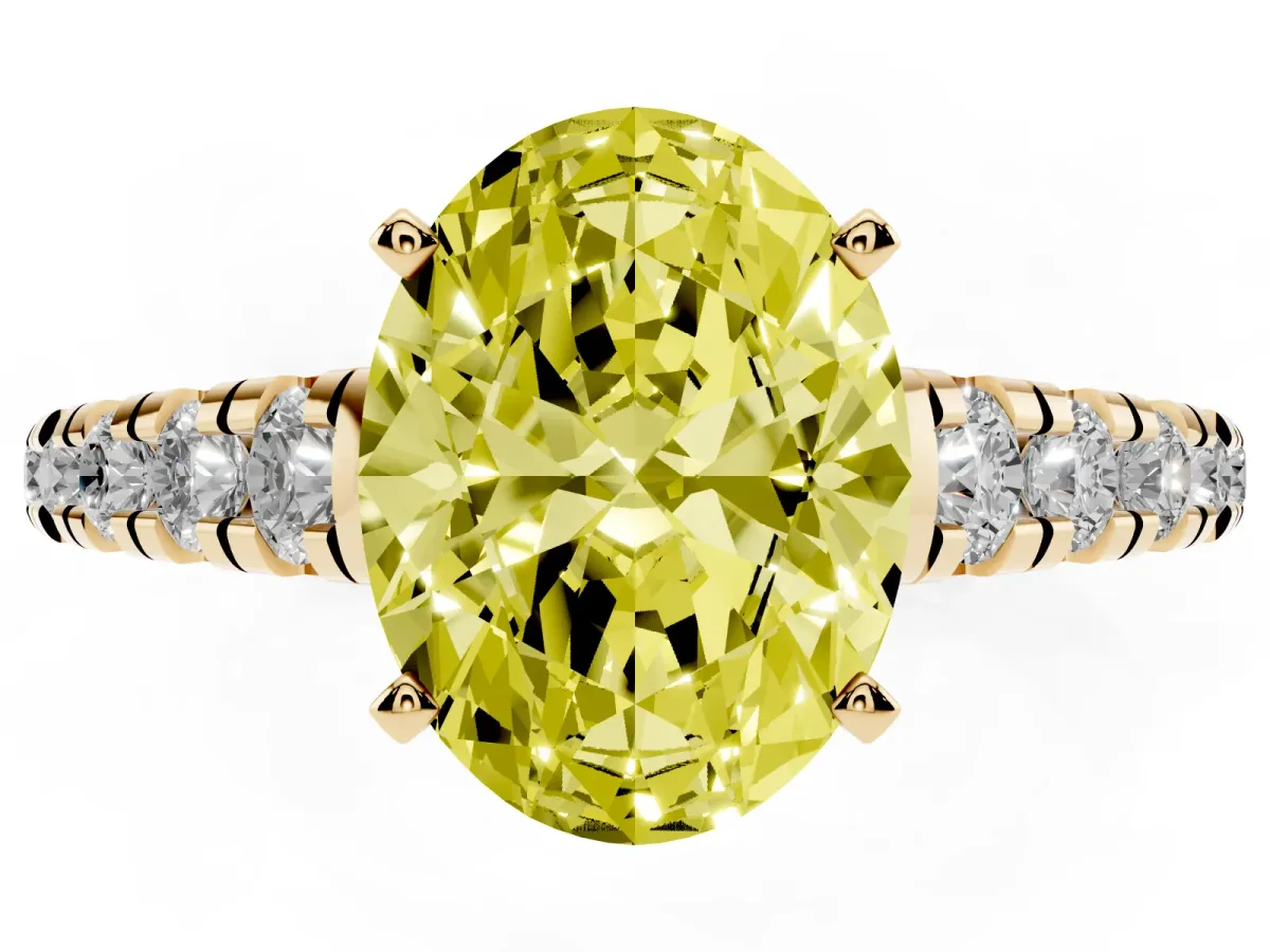Fancy Yellow Oval Cut Diamond Cathedral Solitaire Ring with Round Pavé Band Yellow gold