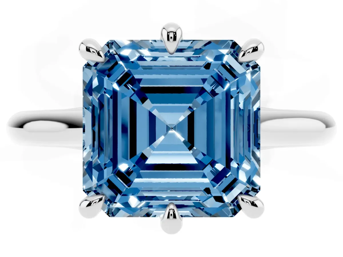 Fancy Blue Asscher Cut Solitaire Engagement Ring with Six-Prong Setting and Classic Band Silver