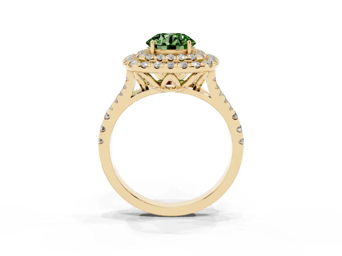 Fancy Green Double Halo Round Cut Diamond Pavé Split Shank Ring with Prong Setting Yellow gold