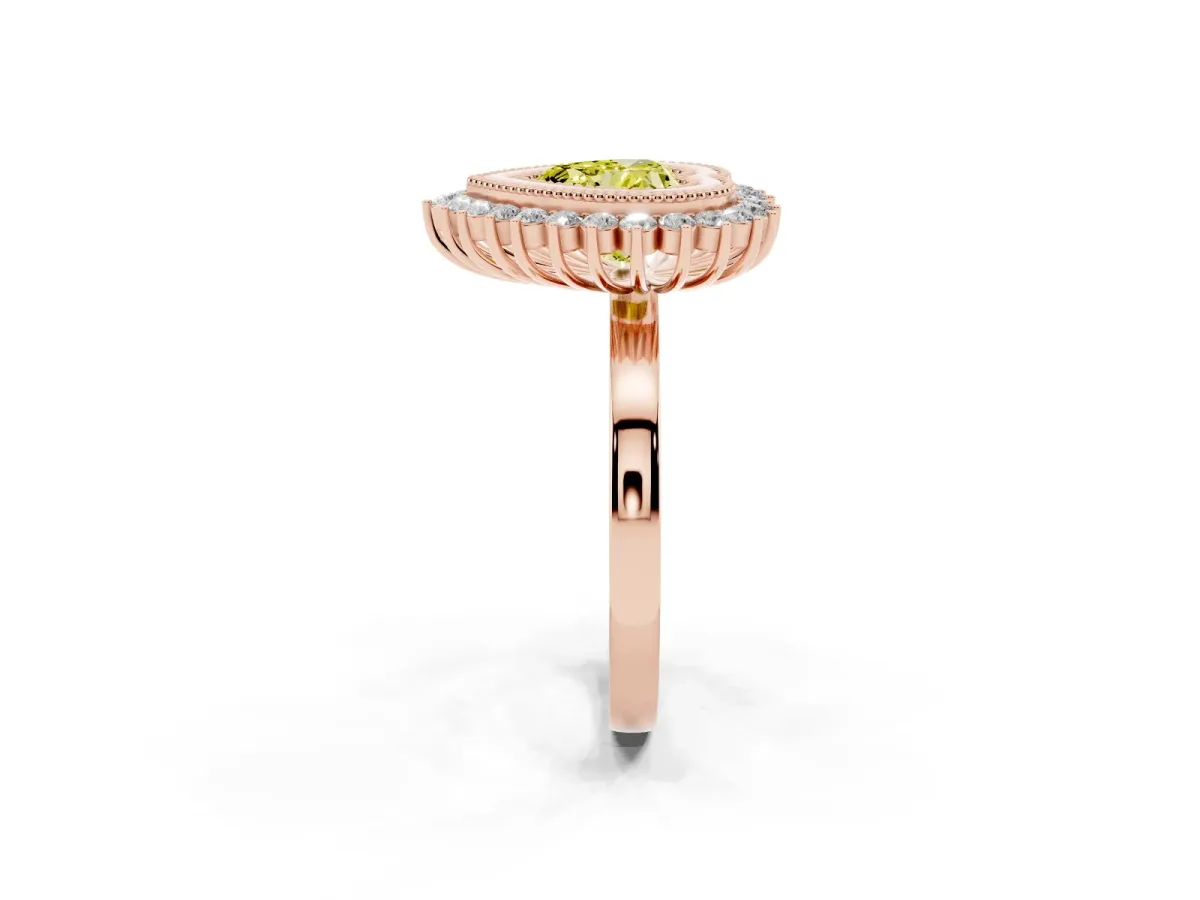 Fancy Yellow Heart Cut Halo Diamond Ring with Milgrain Edge and Round Prong Setting Rose gold