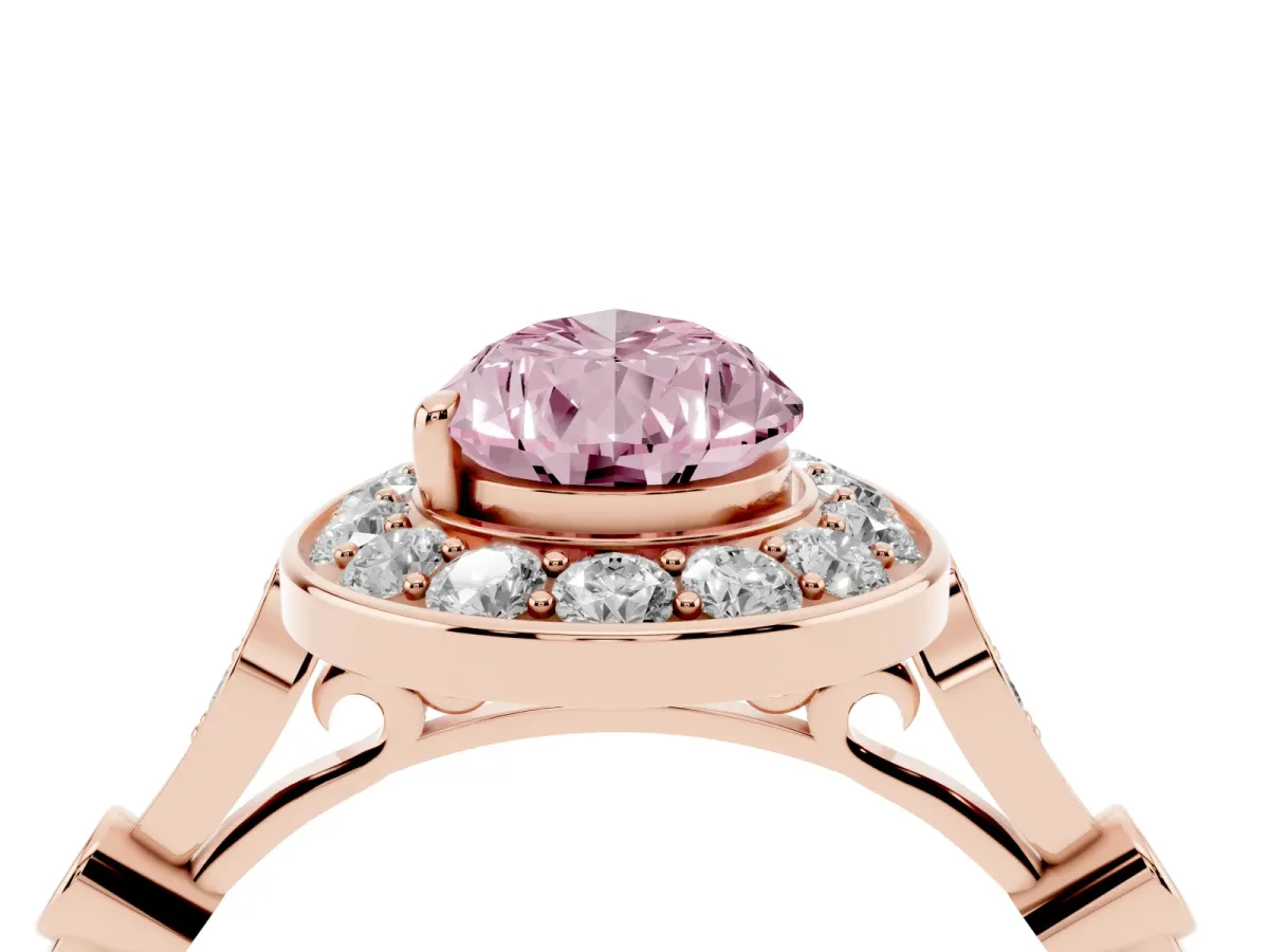 Fancy Pink Pear Cut Halo Diamond Engagement Ring with Twisted Band and Four-Prong Setting Rose gold