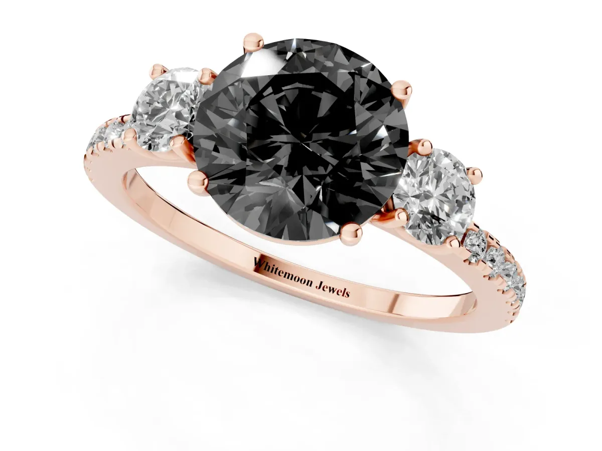 Fancy Black Three-Stone Round Cut Cut Diamond Pavé Band with Prong Setting Rose gold