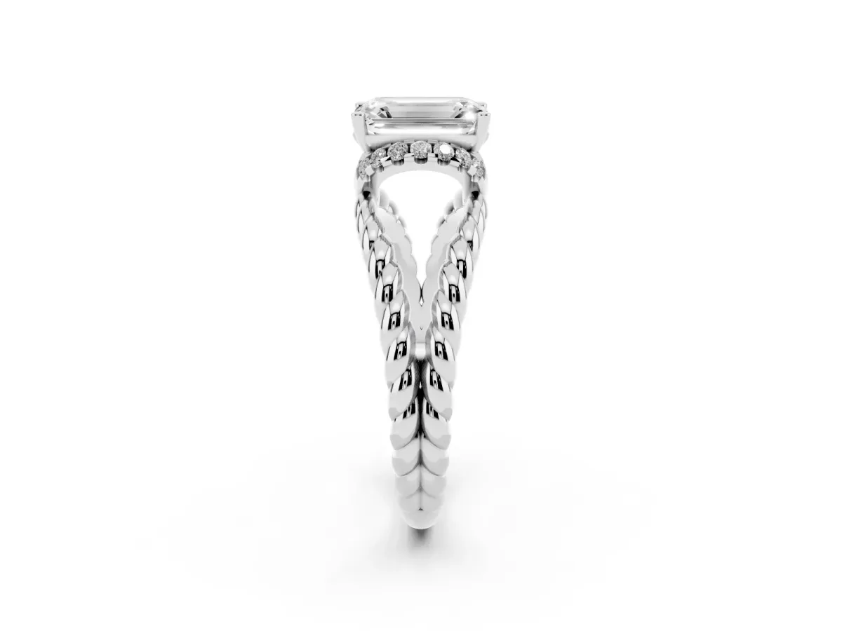 Emerald Cut Halo Twisted Band Four-Prong Ring Silver