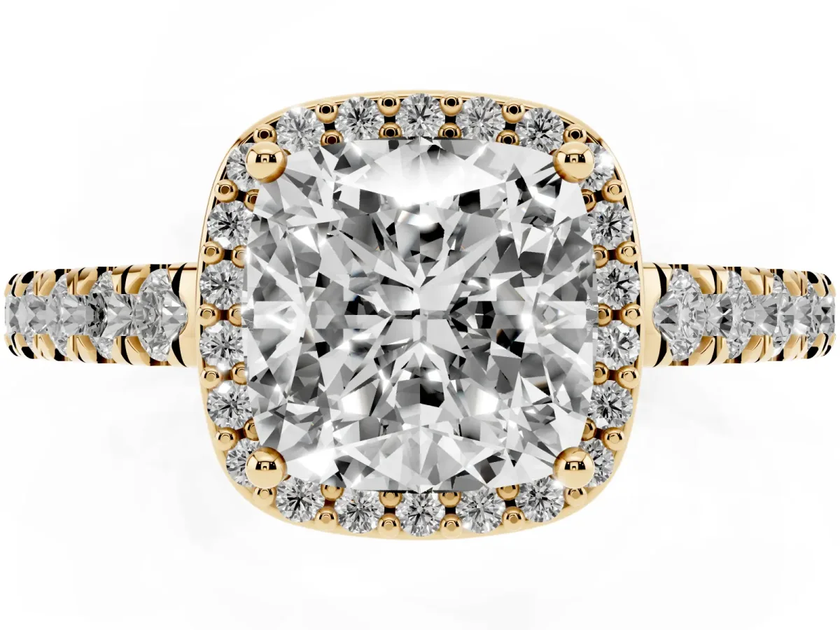 Cushion Cut Cut Halo Diamond Engagement Ring with Pave Band and Four-Prong Setting Yellow gold