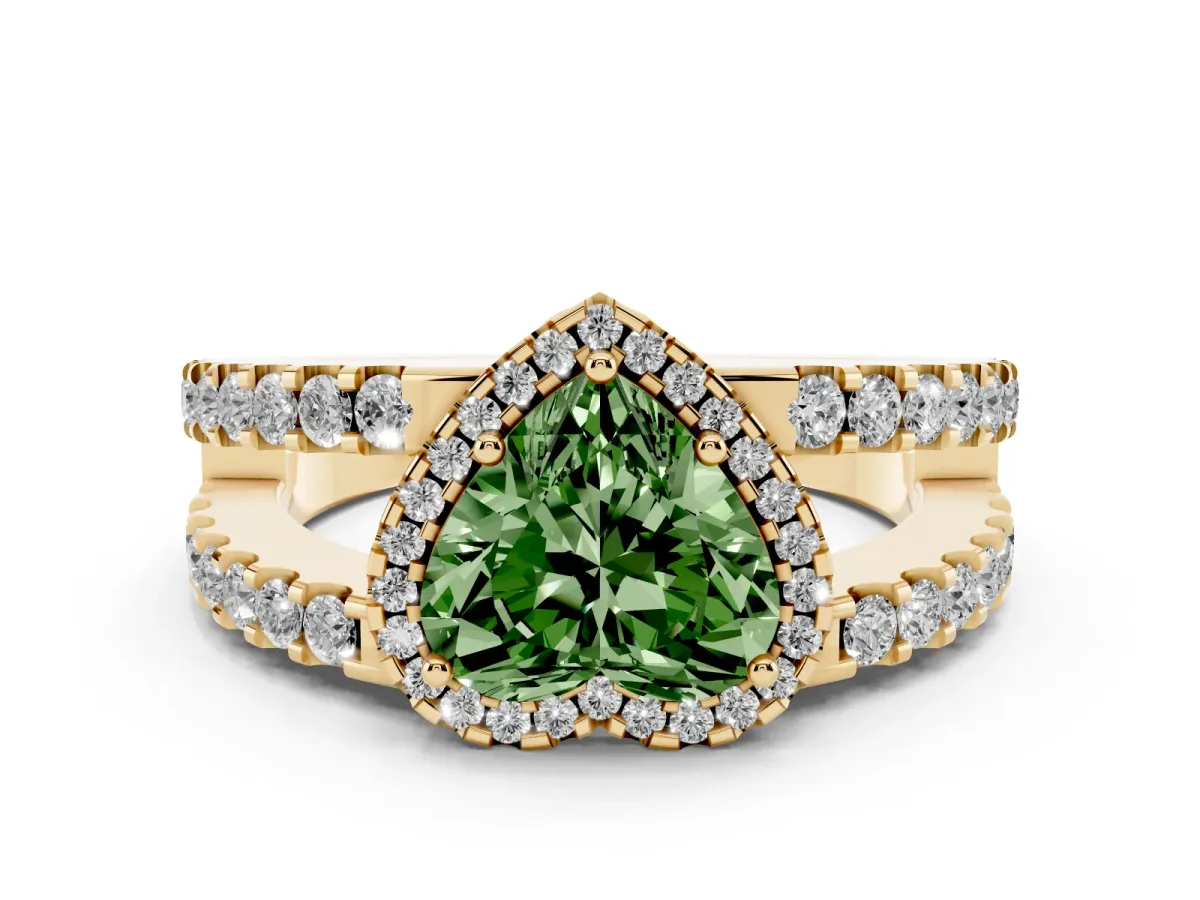 Fancy Green Heart Cut Cut Halo Split Shank Diamond Ring with Four-Prong Setting Yellow gold