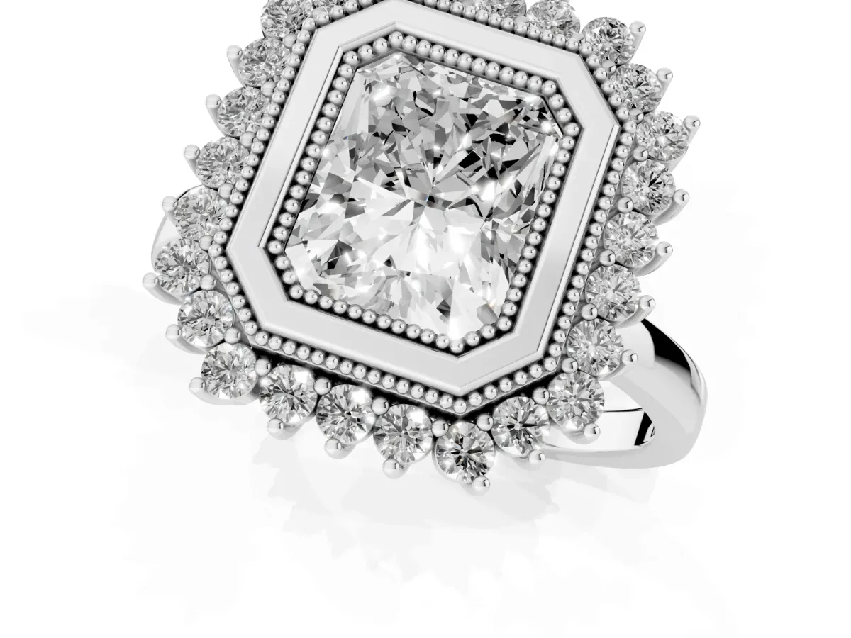 Radiant Cut Halo Diamond Ring with Milgrain Edge and Round Prong Setting Silver