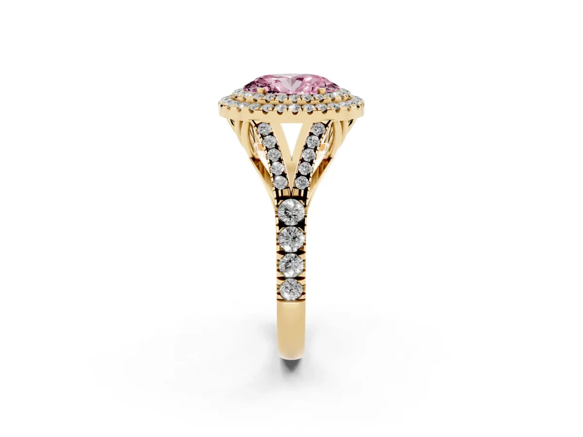 Fancy Pink Oval Cut Cut Double Halo Split Shank Diamond Ring with Prong Setting Yellow gold